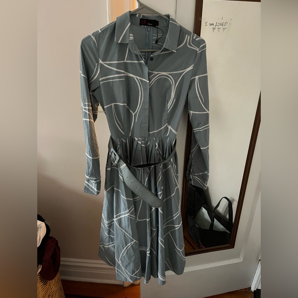 Grey/Blue Printed Shirt Dress with Belt